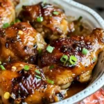 Coca-Cola-Huhn auf einem Teller, garniert mit frischen Kräutern.