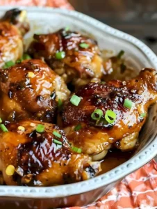 Coca-Cola-Huhn auf einem Teller, garniert mit frischen Kräutern.