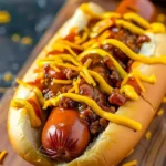 Leckere Coney Sauce für Hot Dogs auf einem Grillteller