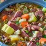Schüssel mit Corned Beef Soup und Blumenkohl, ein köstliches Rezept