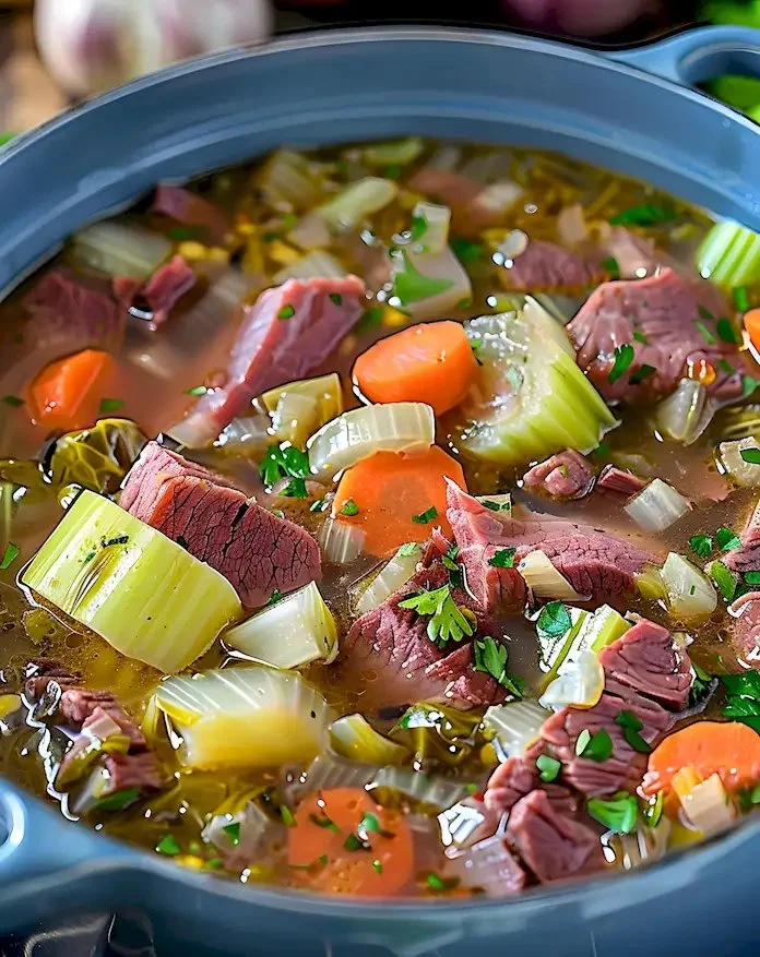 Schüssel mit Corned Beef Soup und Blumenkohl, ein köstliches Rezept