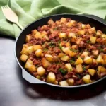 Leckeres Gericht aus Corned Beef Hash auf einem Teller serviert.