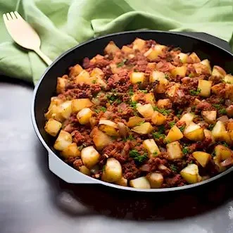 Leckeres Gericht aus Corned Beef Hash auf einem Teller serviert.