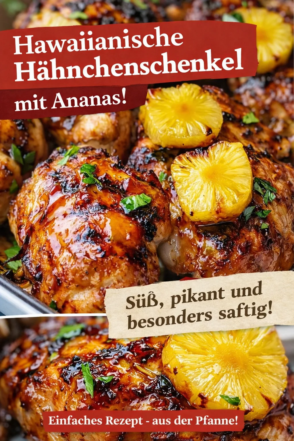 Gebackenes Huli Huli Hühnchen: Exotischer Genuss aus dem Ofen - Lust auf ein köstliches, exotisches Gericht? Mit unserem Gebackenen Huli Huli Hühnchen führen wir dich direkt nach Hawaii! Einfach marinieren, backen und genießen – die perfekten Aromen von Ananas, Ingwer und Sojasauce werden dich begeistern. Probiere es jetzt aus und bringe einen Hauch von Urlaub in deine Küche! #HuliHuliHühnchen #ExotischeRezepte #LeckeresEssen