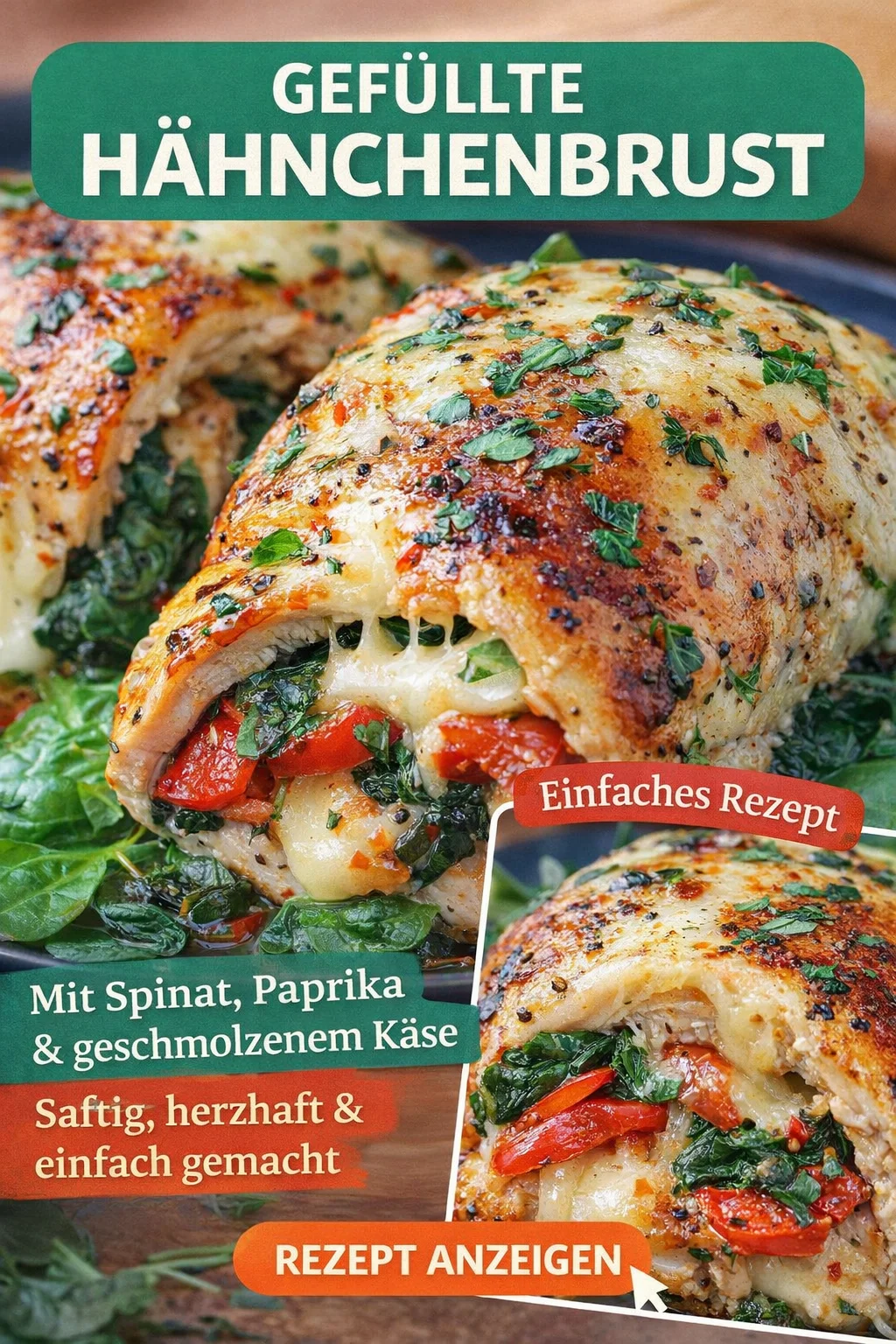 Gefülltes Hähnchen mit Paprika, Spinat und Mozzarella – eine Geschmacksexplosion - Entdecke unser köstliches Rezept für gefülltes Hähnchen, das mit frischem Spinat, saftiger roter Paprika und cremigem Mozzarella verfeinert wird. Ideal für dein nächstes Familienessen! Probiere es aus und lass dich von diesem leckeren Gericht begeistern. Klicke auf das Bild und erfahre, wie du dieses Rezept ganz einfach nachkochen kannst! #Hähnchenrezepte #GesundeEssen #LeckereGerichte