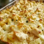 Köstlicher Hähnchen Alfredo Auflauf aus dem Ofen, serviert mit frischem Gemüse.