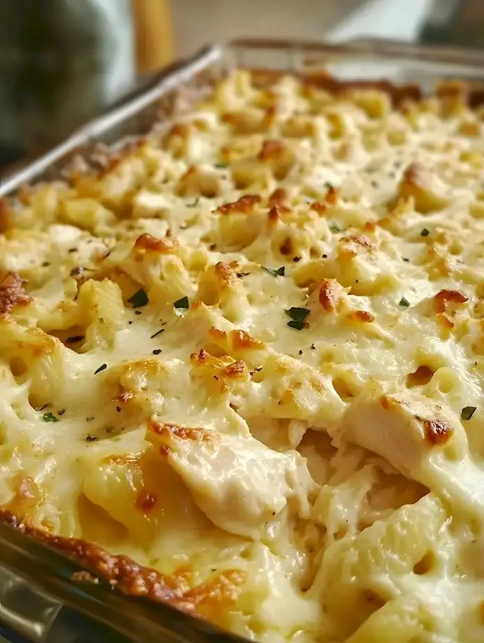 Köstlicher Hähnchen Alfredo Auflauf aus dem Ofen, serviert mit frischem Gemüse.