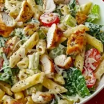 Hähnchen Caesar Pasta Salat mit frischen Zutaten und Dressing