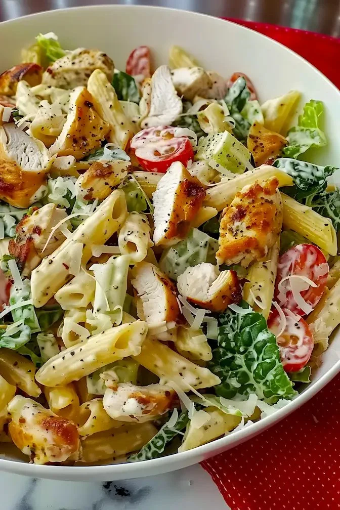 Hähnchen Caesar Pasta Salat mit frischen Zutaten und Dressing