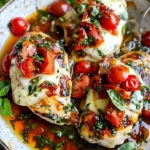 Leckeres Hähnchen Caprese mit Mozzarella und Basilikum auf einem Teller.