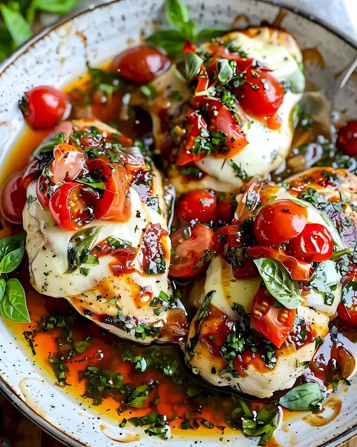 Leckeres Hähnchen Caprese mit Mozzarella und Basilikum auf einem Teller.