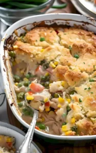 Hähnchen-Cobbler mit knusprigem Teig und frischem Gemüse on a plate