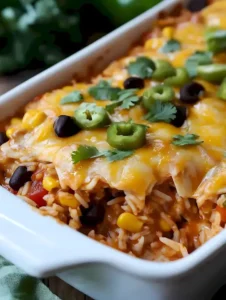 Hähnchen-Enchilada-Auflauf mit Reis auf einem Teller serviert