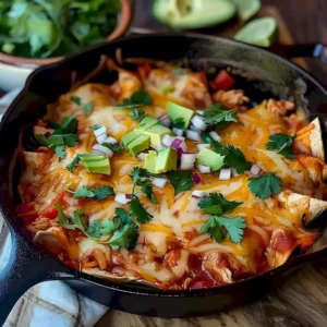 Hähnchen Enchilada Pfanne mit frischen Zutaten und würziger Soße