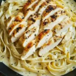Hähnchen Fettuccine Alfredo mit cremiger Sauce auf einem Teller serviert