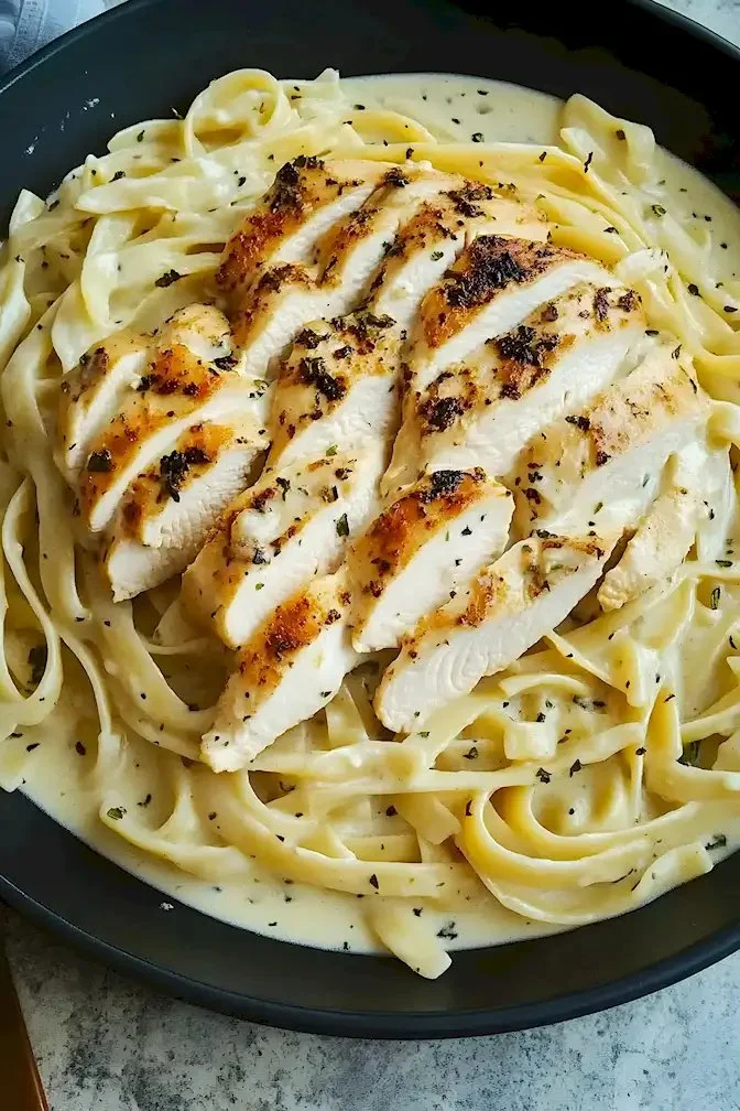 Hähnchen Fettuccine Alfredo mit cremiger Sauce auf einem Teller serviert