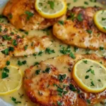 Hähnchen Francese in einer zitronigen Sauce serviert auf einem weißen Teller