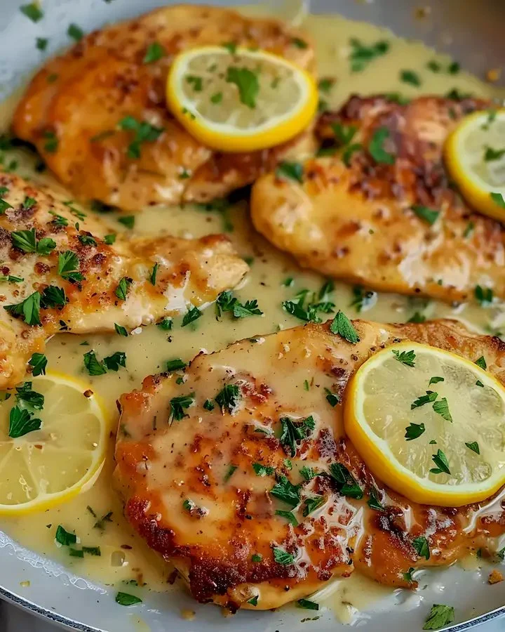 Hähnchen Francese in einer zitronigen Sauce serviert auf einem weißen Teller