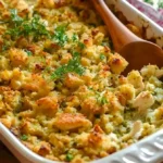 Leckere Hähnchen-Füllungskasserolle aus dem Ofen, serviert mit Gemüse.