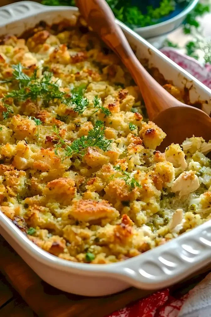 Leckere Hähnchen-Füllungskasserolle aus dem Ofen, serviert mit Gemüse.