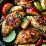 Hähnchen mit Äpfeln und Maple-Lime-Sauce auf einem weißen Teller