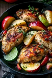Hähnchen mit Äpfeln und Maple-Lime-Sauce auf einem weißen Teller