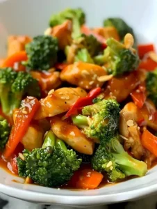 Hähnchen Stir-Fry mit Brokkoli und Karotten auf einem bunten Teller