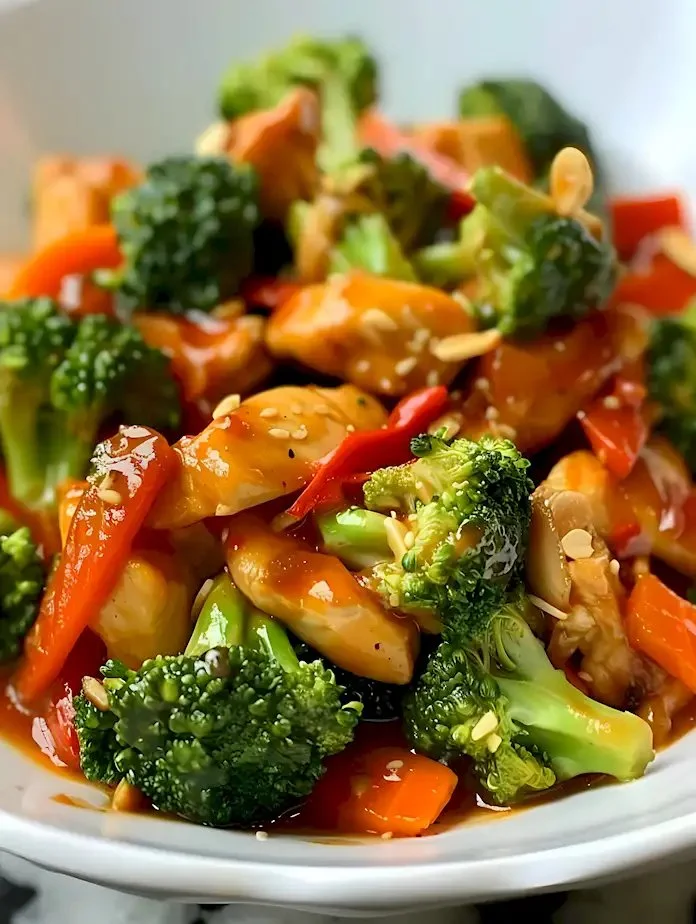 Hähnchen Stir-Fry mit Brokkoli und Karotten auf einem bunten Teller