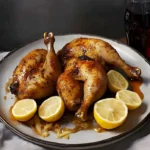 Leckeres Hähnchen mit Coca-Cola und Zitronen auf einem Teller serviert