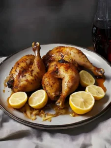 Leckeres Hähnchen mit Coca-Cola und Zitronen auf einem Teller serviert