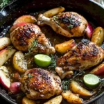 Hähnchen mit gebratenen Äpfeln und Maple-Lime-Sauce auf einem Teller serviert