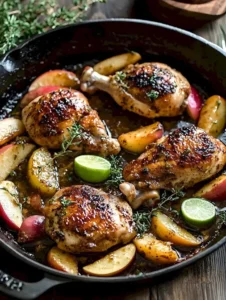 Hähnchen mit gebratenen Äpfeln und Maple-Lime-Sauce auf einem Teller serviert