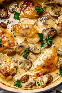 Hähnchen mit Knoblauch-Pilz-Sauce auf einem Teller serviert