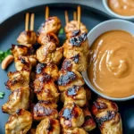 Hähnchen-Satay-Spieße mit Erdnusssoße auf einem Servierteller
