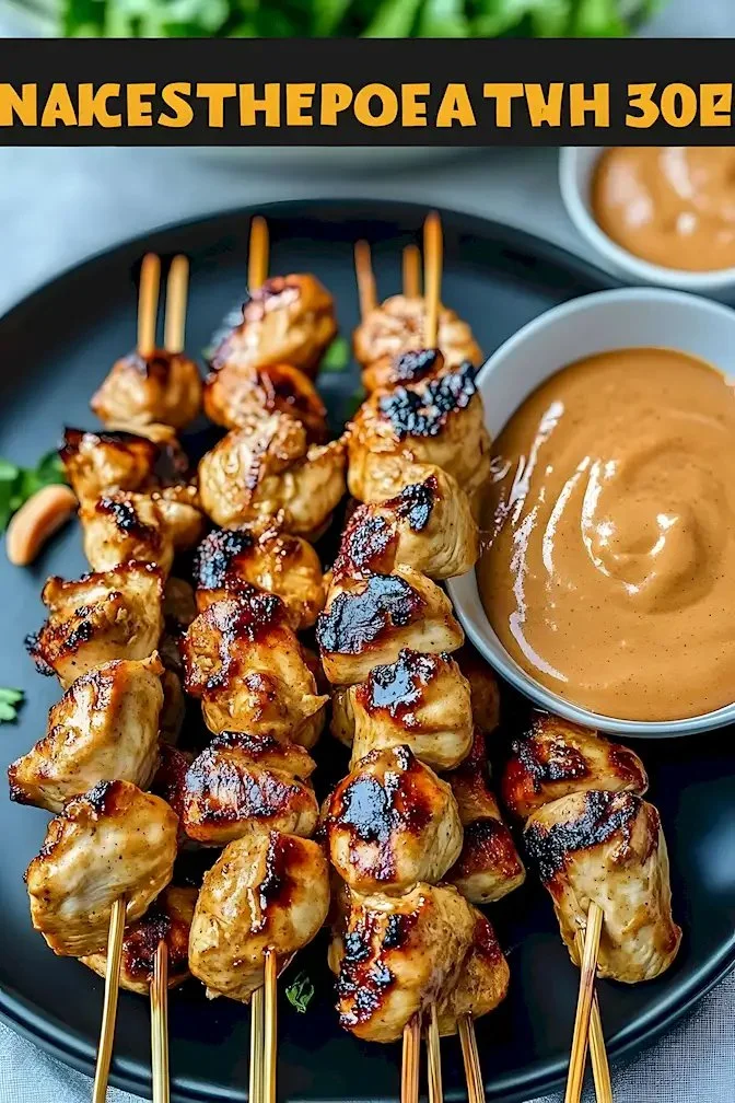 Hähnchen-Satay-Spieße mit Erdnusssoße auf einem Servierteller