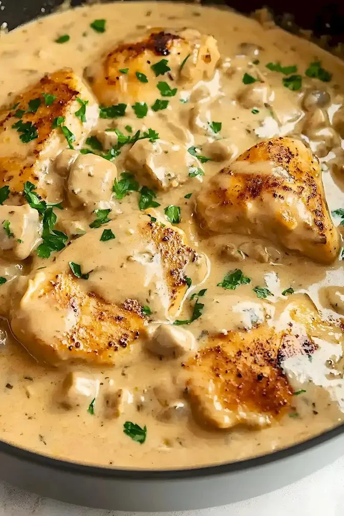 Köstliches Hähnchen Stroganoff Gericht serviert mit einer cremigen Sauce