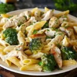 Hähnchen Brokkoli Pasta in einer Schüssel, serviert mit frischen Kräutern