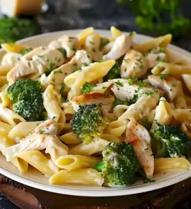 Hähnchen Brokkoli Pasta in einer Schüssel, serviert mit frischen Kräutern