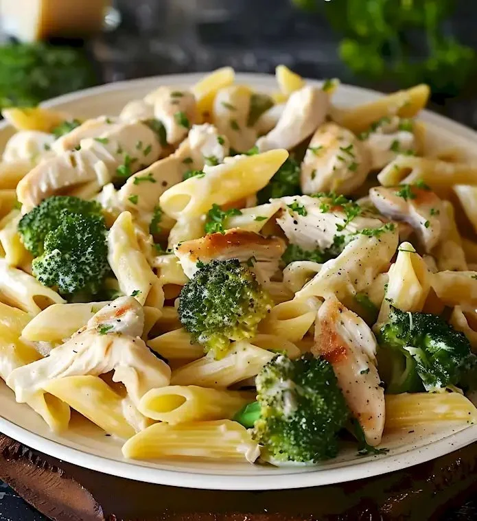 Hähnchen Brokkoli Pasta in einer Schüssel, serviert mit frischen Kräutern