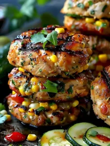 Hähnchen Burger mit Zucchini, frischem Mais und Tomaten-Kürbissalat