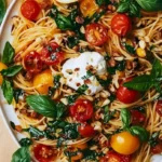 Hähnchenspaghetti mit cremigem Burrata-Käse auf einem Teller serviert