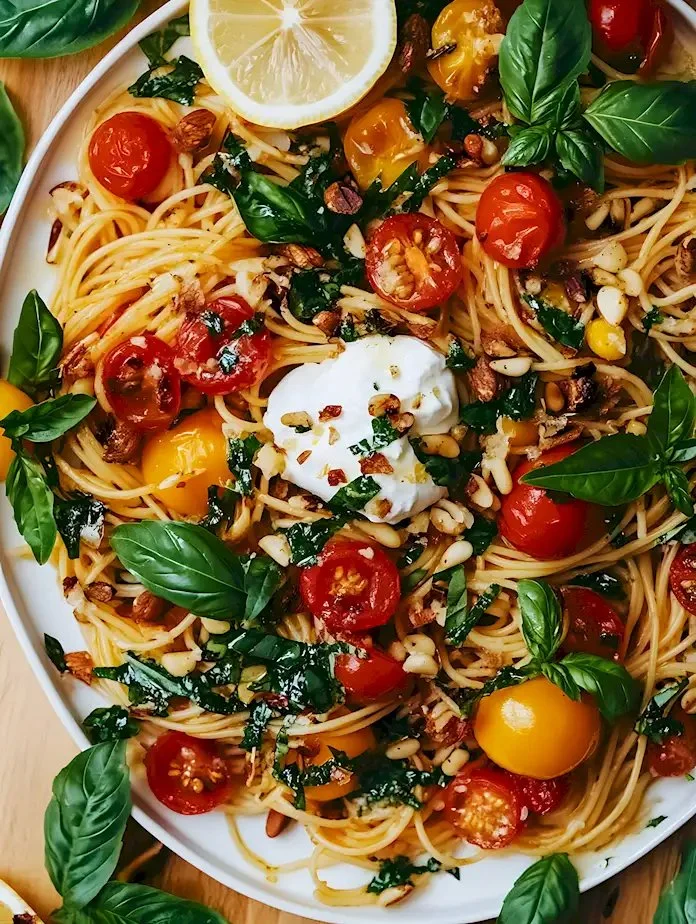 Hähnchenspaghetti mit cremigem Burrata-Käse auf einem Teller serviert
