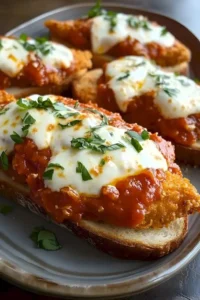 Hähnchenstücke auf Texas Toast mit Sauce und Mozzarella überbacken