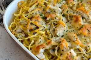Hähnchentetrazzini Gericht mit Hühnchen, Pasta und cremiger Sauce