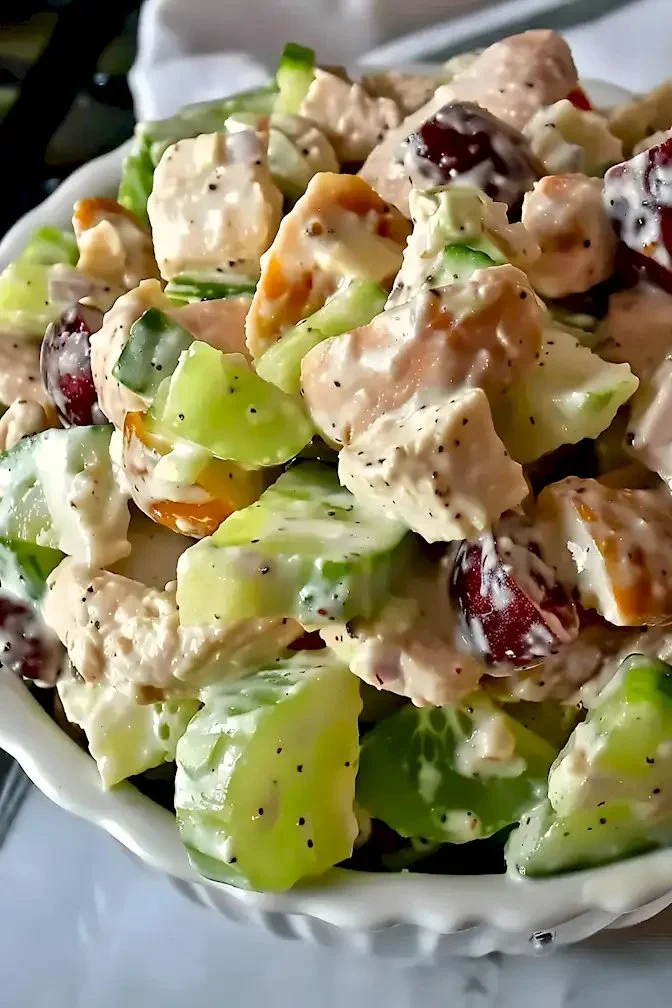 Leckere Portion Huhn Waldorfsalat mit Äpfeln und Nüssen serviert.