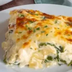 Leckere Hühnchen Alfredo Lasagne frisch aus dem Ofen, serviert auf einem Teller.