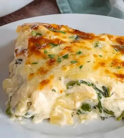 Leckere Hühnchen Alfredo Lasagne frisch aus dem Ofen, serviert auf einem Teller.