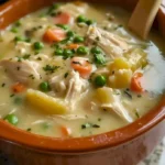 Delizierte Hühnchen-Pot-Pie-Suppe in einer Schüssel mit frischen Kräutern.