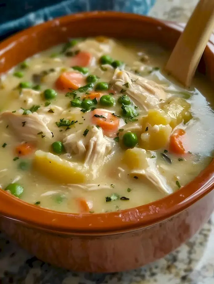 Delizierte Hühnchen-Pot-Pie-Suppe in einer Schüssel mit frischen Kräutern.