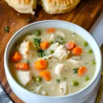 Leckere Hühnchen Pot Pie Suppe in einer bunten Schüssel serviert